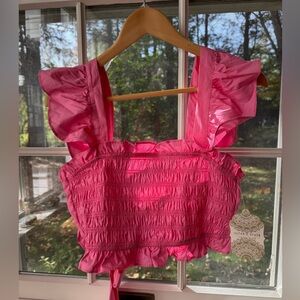 Altar'd State Whimiscal Top Smocked Cropped Ruffled Tie Back Pink Size Med - NWT